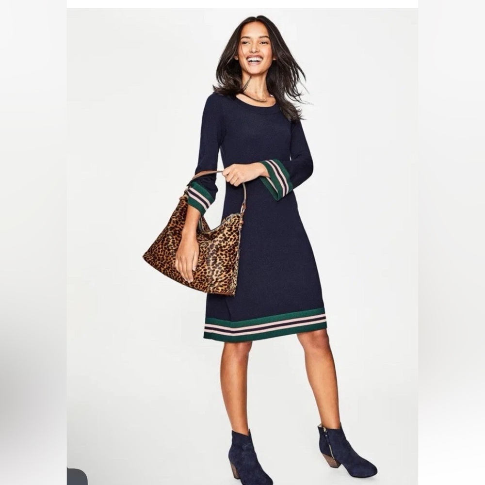 Boden Navy Dress with Green and White Stripes Wool Blend Trudy Knit